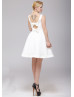 Ivory Satin Boat Neckline Open Back Knee Length Prom Dress